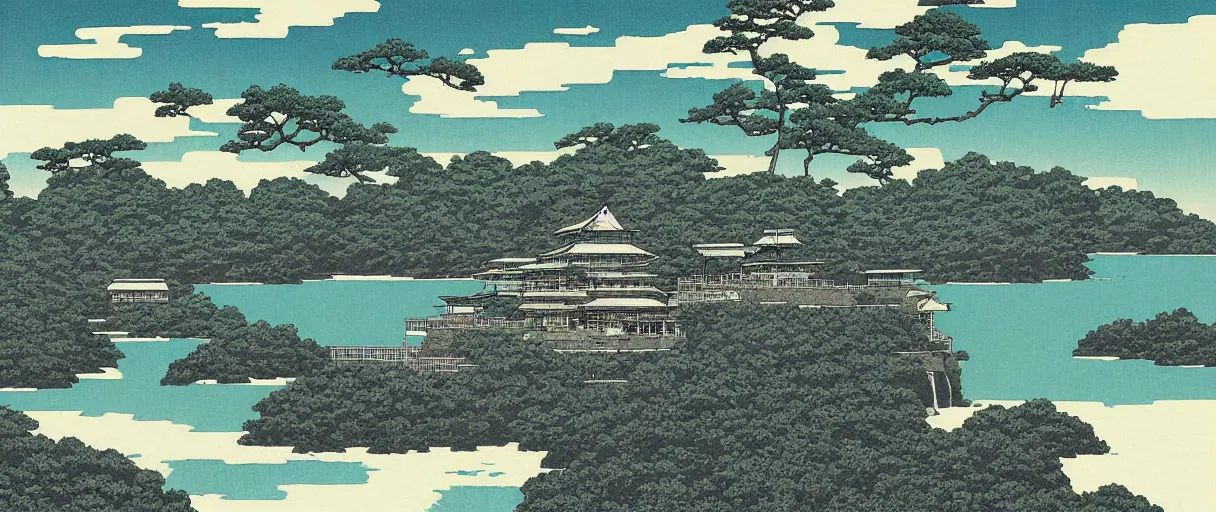 Image similar to a crumbling island in space, waterfalls, in style kawase hasui, digital art, detailed, depth of field