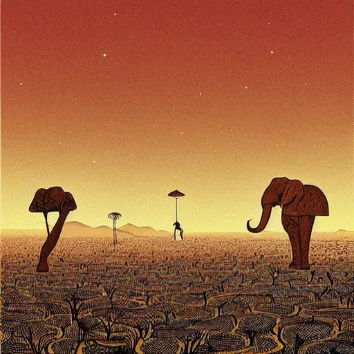 Image similar to “safari on a surreal martian like world, strange unknown tall elephant like creatures roaming the barren plains, woodblock, black fine lines on warm brown, by victo ngai, by stanley donwoood”