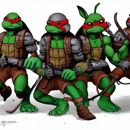 Image similar to teenage mutant ninja rabbits, artstation.