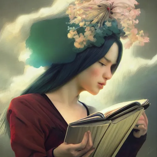 Image similar to a girl reading a book, hair flowing down, matte painting, bold shapes, hard edges, street art, trending on artstation, by huang guangjian and gil elvgren and sachin teng