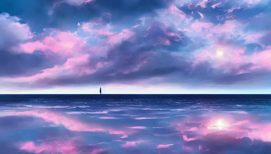 Image similar to solar eclipse in iceland, black sand, pink clouds, blue sky, water reflection, jessica rossier, art station