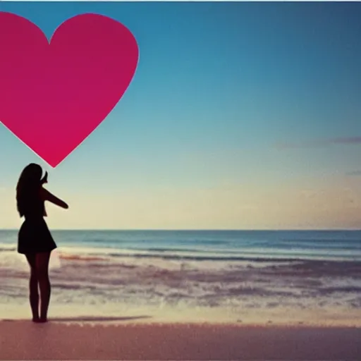 Image similar to “a silhouette of a woman on a beach taking a selfie with lots of hearts in the air photorealistic ”