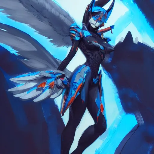 Image similar to concept art of winged wolf neon blue and black, highly detailed painting by dustin nguyen, akihiko yoshida, greg tocchini, 4 k, trending on artstation, 8 k