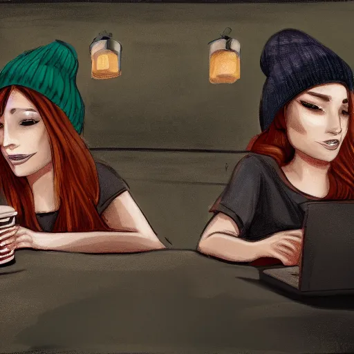 Image similar to hot girls sitting at starbucks being drawn by creepy guy in beanie, 8 k resolution, cinematic lighting, anatomically correct