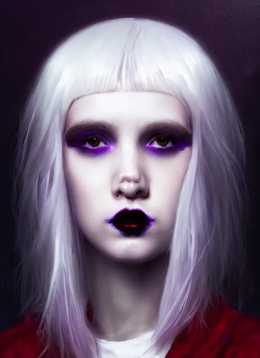 Image similar to portrait of white teenage girl, normal face, white bangs, mall goth, cyberlox, black and white hair, bangs, fluffy bangs, red contact lenses, purple lipstick, intricate, elegant, highly detailed, digital painting, artstation, concept art, sharp focus, smooth, illustration, art by wlop, mars ravelo and greg rutkowski