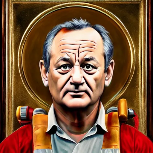 Image similar to epic close up portrait painting of bill murray in ghostbuster depicted like a saint in a orthodox icon, ornate, very beautiful, concept art, realistic painting, 8 k, hd,