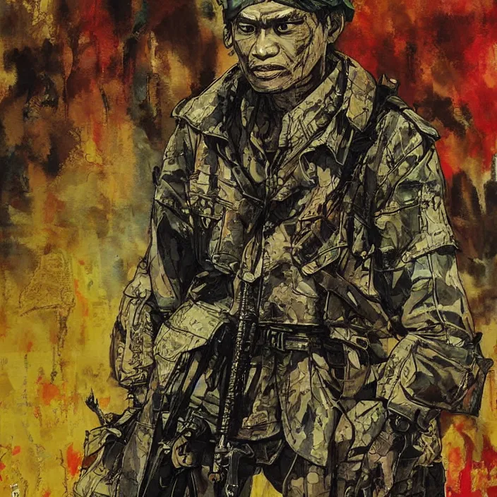 Prompt: burmese pdf soldier, painting, by greg ruthowski, yoshikata amano, yoji shinkawa, alphonse murac, collaborative artwork, beautifully drawn, heavily detailed