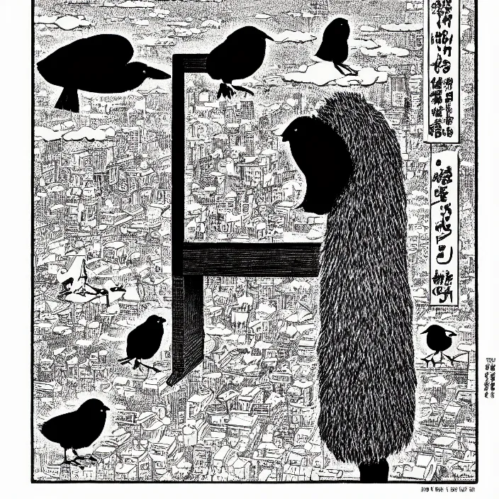 Image similar to a still frame from comic strip, black funny fluffy hairy bird 1 9 5 0, hasui kawase, herluf bidstrup, new yorker illustration, monochrome bw, lineart, manga, tadanori yokoo, simplified, isometric blueprint