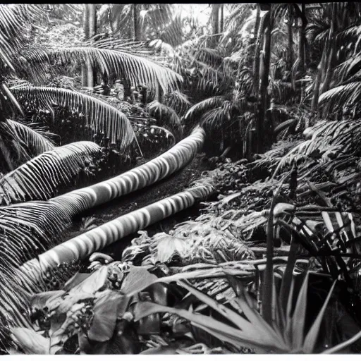 Prompt: a rizom lost film footage of a tube in the middle of the tropical jungle / tropicalism / tropicalism / tropicalism / film still / cinematic / enhanced / 1 9 2 0 s / black and white / grain