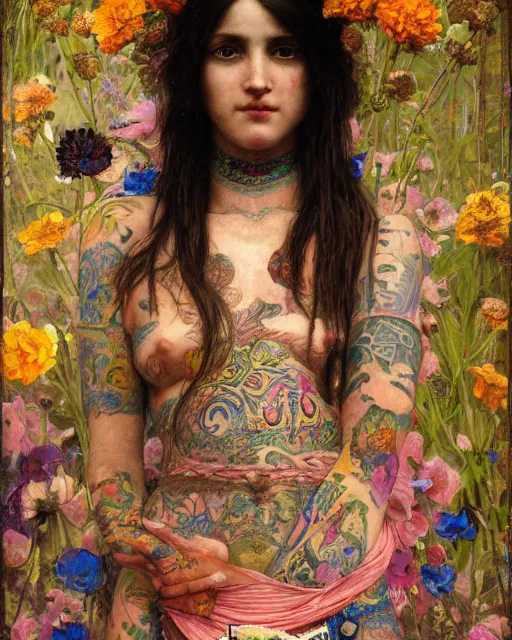 Prompt: close up of a beautiful girl with colourful tattoos surrounded by colourful flowers orientalist intricate portrait by john william waterhouse and edwin longsden long and theodore ralli and nasreddine dinet, oil on canvas. cinematic, hyper realism, dramatic lighting, high detail 8 k