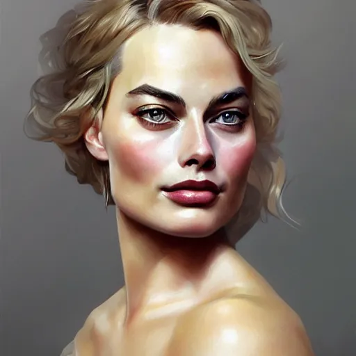 Image similar to A full portrait of Margot Robbie, intricate, elegant, highly detailed, digital painting, artstation, concept art, smooth, sharp focus, illustration, art by Krenz Cushart and bouguerea and alphonse mucha