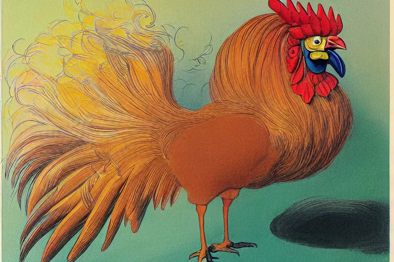 Prompt: illustration of a rooster, by karl wilhelm de hamilton and studio ghibli, lively colors, portrait, sharp focus