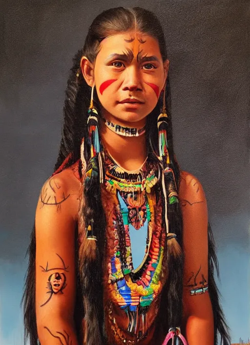 Prompt: oil painting of a young comanche girl in traditional dress, facial tattoos, art by michael whelan