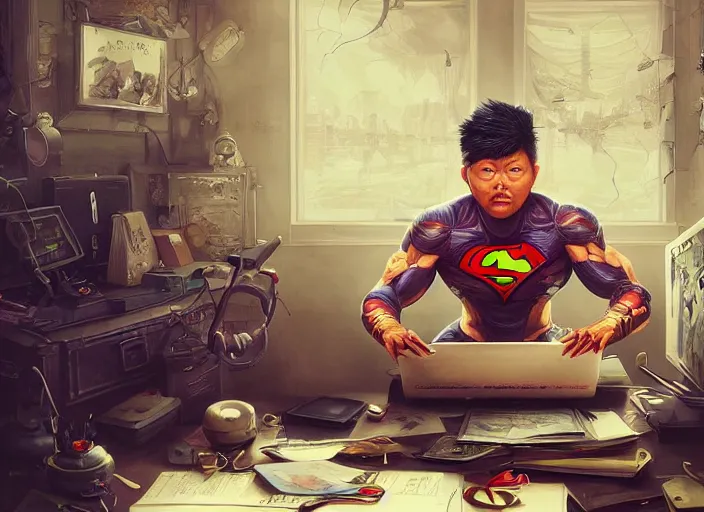 Image similar to an insanely detailed painting of an asian man wearing a homemade superhero costume, sitting at a desk, staring seriously at the computer and typing, in the style of peter mohrbacher, james jean, artgerm, dramatic lighting and composition, surreal background, octane render, pixar, trending on artstation, concept art, comic book, view from behind, 8 k