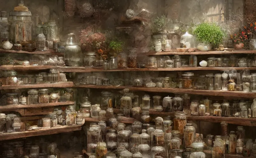 Prompt: an herbalist shop, adobe wall, simple wood shelves, lots of jars and boxes of herbs, dark fantasy matte painting in the style of ruan jia and craig mullins