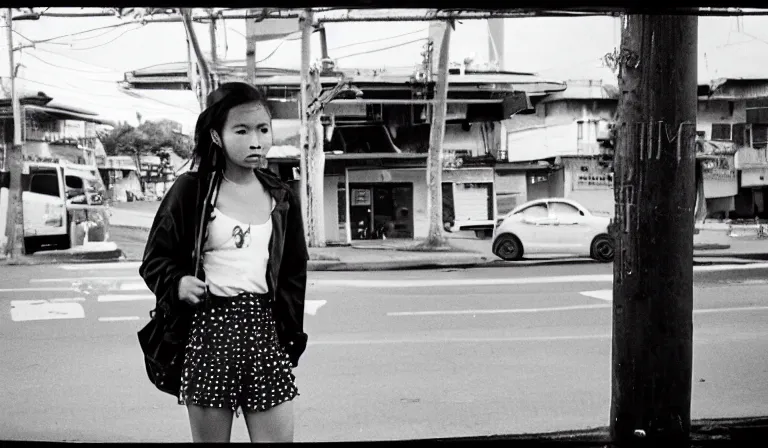 Prompt: A Filipino girl waits for a bus, 35mm film, by Gregg Araki