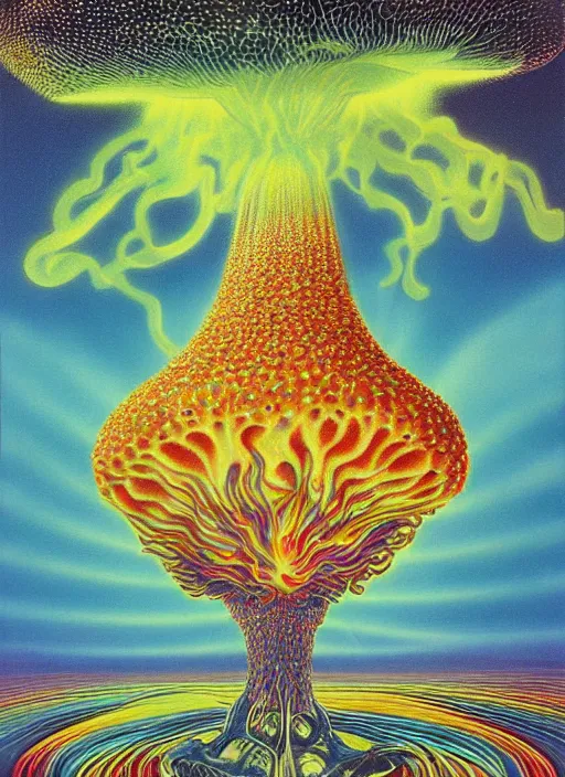 Prompt: 8 0 s new age album cover depicting a nuclear mushroom cloud in the shape of guy fieri, very peaceful mood, oil on canvas by ernst haeckel, by wayne thiebaud, cinestill with red halation