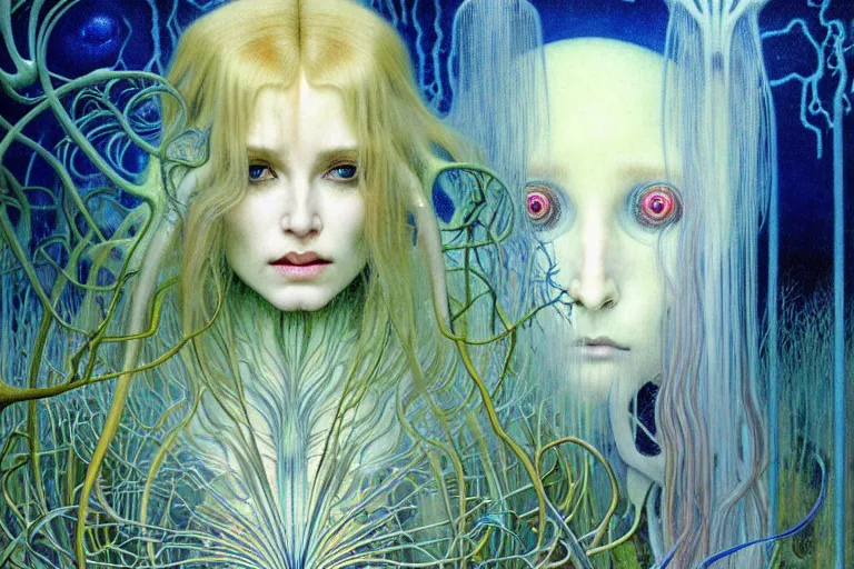 Prompt: realistic detailed portrait painting of a beautiful ghost woman with blond hair with an alien, futuristic sci-fi forest on background by Jean Delville, Amano, Yves Tanguy, Alphonse Mucha, Ernst Haeckel, Edward Robert Hughes, Roger Dean, rich moody colours, blue eyes