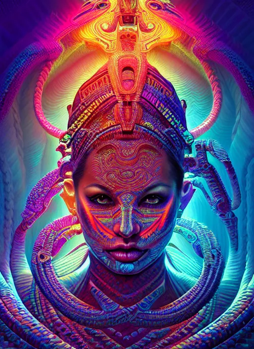 Image similar to hyper detailed ultra sharp 3 d render like a oil painting aztec serpent warrior princess, fractal plane, deep voyage, parallel existence, earthwave, colorful, neon, ornate, intricate, digital painting, concept art, smooth, sharp focus, illustration, art by artgerm and greg rutkowski and h. r. giger, 8 k