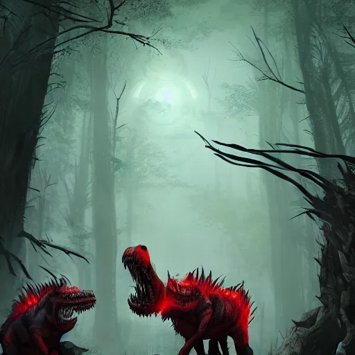 Prompt: group of nightmare trex, red glowing eyes, hunting in the forest. in style of greg rutkowski and hyung - tae kim, trending on artstation, grimdark fantasy, great composition, highly detailed, dynamic pose, vibrant colors, epic, 8 k, unreal engine, octane render