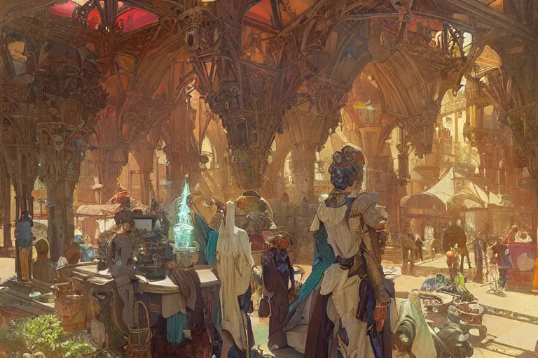 Prompt: a colorful medieval marketplace, Industrial Scifi, detailed illustration, character design, intricate, by artgerm and greg rutkowski and alphonse mucha