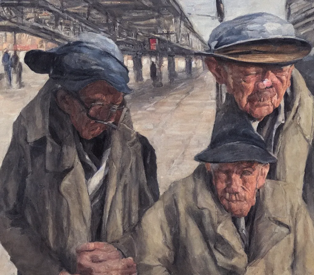 Image similar to Old man with a newsboy hat waits for a train with heaps of baggage on a platform, trains in the background, low angle, morning hard light, oil on canvas