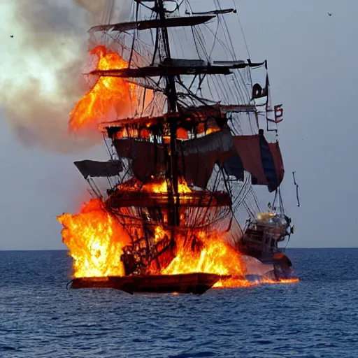 Image similar to pirate ship on fire in the middle of the sea