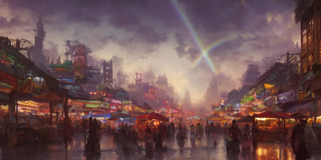 Prompt: screenshot of a lively marketplace in a vast makeshift city in the clouds, mist, iridescent sunset, rainbows, hustle and bustle, fps, thomas kinkade, by craig mullins, james gurney, greg rutkowski, sparth, mucha, cinematography, cinematic masterpiece