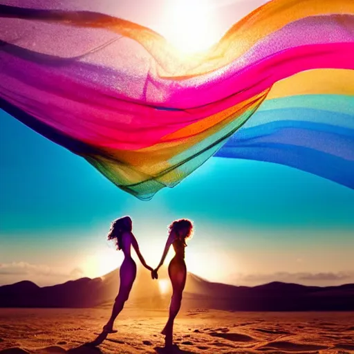 Prompt: filmstill photography of two female body suihouettes covered with curly white translucent blanket blowing in wind with rainbow pattern, acrylic liquid colors, luxurious supermodel photoshooting, golden jewelry, bokeh, godrays, strong wind, wrinkles, sunrays, sunset, lens flares, cold colors, sand dunes