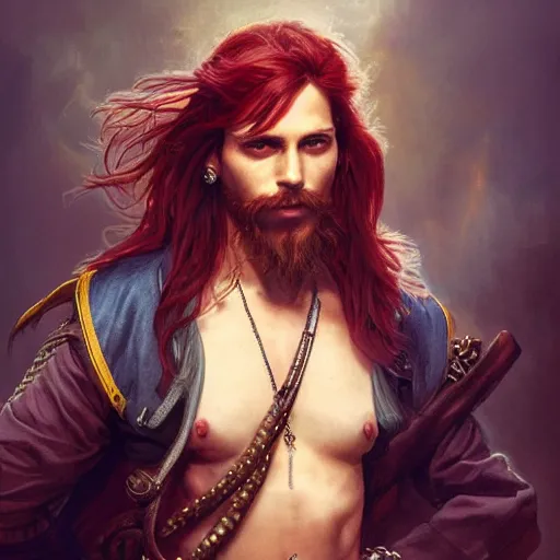 Prompt: portrait of a young pirate captain, male, masculine, handsome, upper body, red hair, long hair, cheerful, D&D, fantasy, intricate, elegant, highly detailed, digital painting, artstation, concept art, sensual, cinematic lighting, cutscene, sharp focus, illustration, art by Artgerm and Greg Rutkowski and Alphonse Mucha