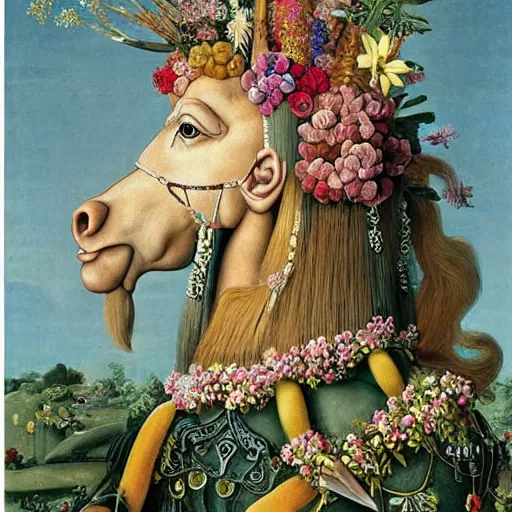 Image similar to a princess with extremely long blond hair from a cartoon riding a unicorn by arcimboldo