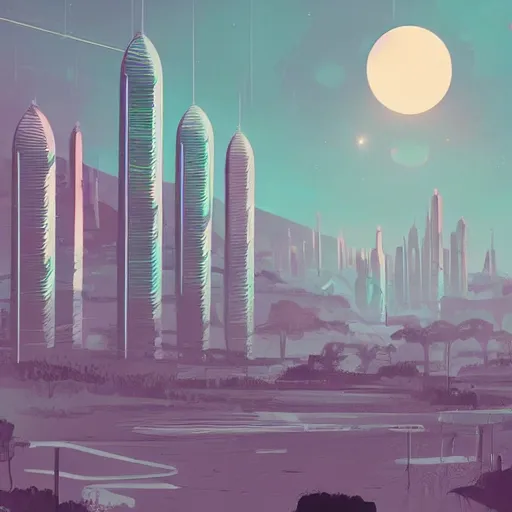 Prompt: beautiful happy picturesque charming organic futuristic sci - fi town in harmony with nature. beautiful light. grainy and rough. soft colour scheme. beautiful artistic vector graphic design art by lurid. ( 2 0 2 2 )