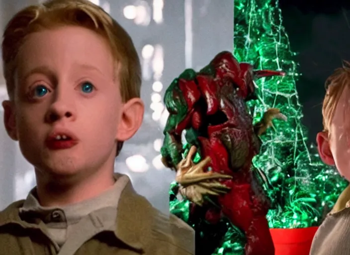 Image similar to the movie the predator starring macaulay culkin kevin mcallister home alone living room christmas vfx film