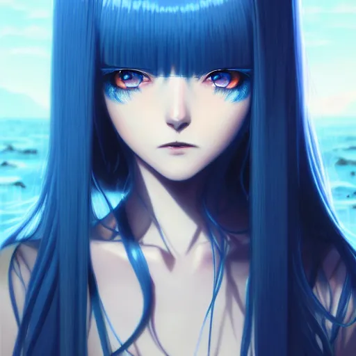 Image similar to attractive long blue - haired girl with bangs gothic anime character with amber eyes, screenshot, anime, sharp focus, intricate, illustration, cell shaded, digital painting, highly detailed, concept art, matte, art by ilya kuvshinov and kyoto animation and wlop, and greg rutkowski, studio quality, james jean