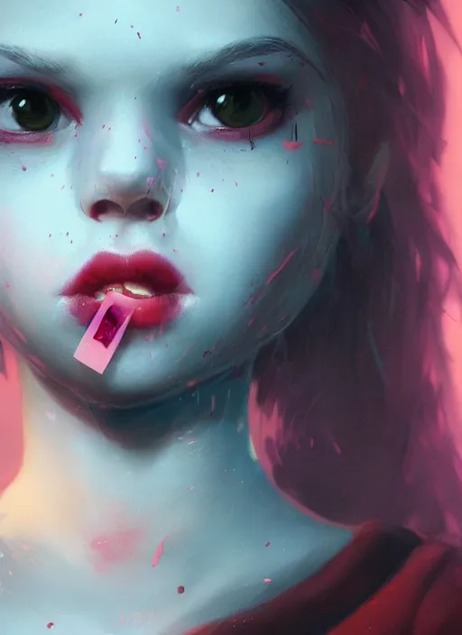 Image similar to portrait of sinister girl with pouty aerochrome lips, langolier, unforgivable, cute bandaid on nose!!, expressive eyes, full body, deathly skin, greg rutkowski, charlie bowater, yuumei, stephen gammell, unreal 5, daz, hyperrealistic, octane render, rpg portrait, dynamic lighting, fantasy art, beautiful face