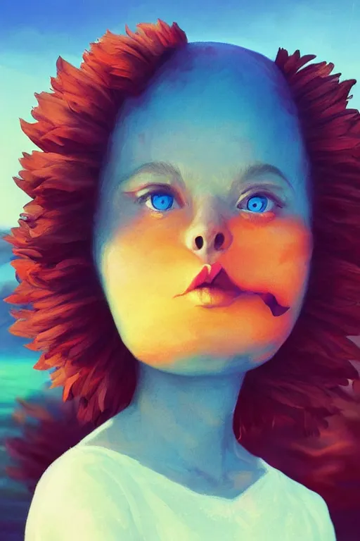 Image similar to closeup girl with huge dahlia flower face, on the beach, surreal photography, blue sky, sunrise, dramatic light, impressionist painting, digital painting, artstation, simon stalenhag