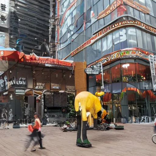 Prompt: a photo of an orange elephant on a skateboard, in times square at sunset