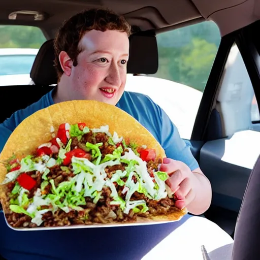 Image similar to fat mark zuckerberg sitting in a car eating tacos