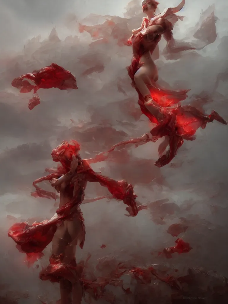 Prompt: expressive full body photo beautiful nymph floating above the permafrost in a cloud of red ether, 3 d render, hyper realistic detailed portrait, ruan jia, wlop. scifi, fantasy, hyper detailed, decolletage, confident pose, octane render, concept art, peter mohrbacher