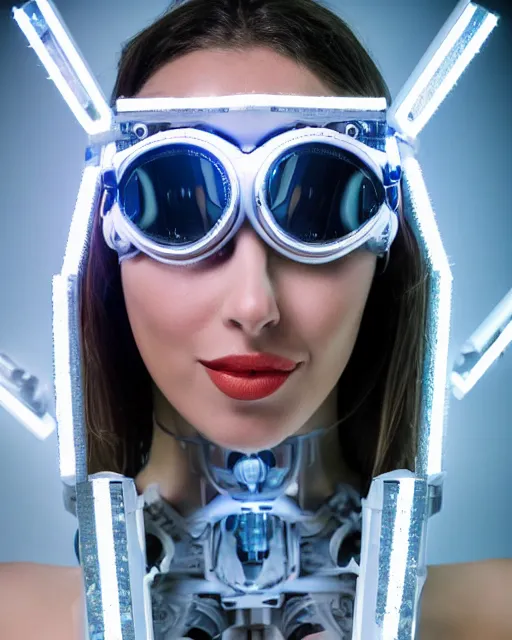 Image similar to centered portrait of flirtatious young sabrina salerno as a solarpunk mecha humanoid robotic parts wearing crystal goggles with bright led lights, real human face, pudica gesture bouguereau style, in white room, ultra - realistic and intricate, soft portrait shot 8 k