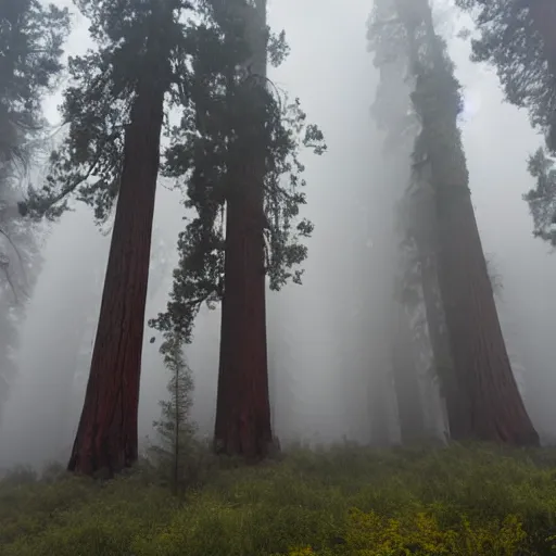 Prompt: extremely foggy sequoia forest, dense fog, huge tree trunks, white mist and fog, low visibility, spooky