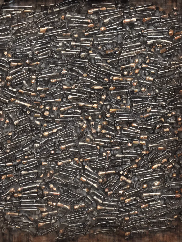Prompt: wall made of firearms rifles shotguns revolvers and bullets, ultrarealistic, intricate details, 4k, concept art, digital painting