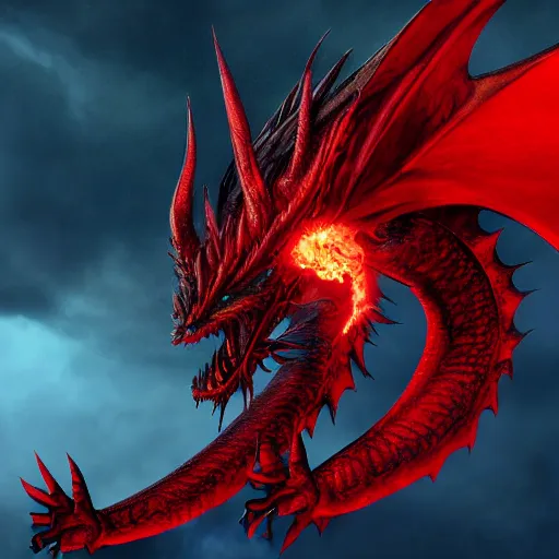 Image similar to dragon,big,monster,beast,furry,red,black,realistic render,spike,light,back round, four wings,fire,