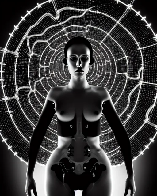 Image similar to black and white cyborg-plant goddess high quality photo, microchip, artificial intelligence, bio-mechanical bio-luminescence, black ivy, flies, neurons, nerve cells, octane render, cinematic, rim light, hyper realism, photo-realistic, high detail, 8k, in the style of Steven Meisel and Dora Maar and H.G. Giger