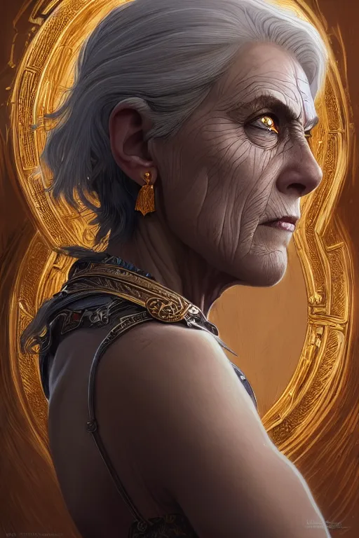 Image similar to portrait of a middle aged grey haired woman in the style of god of war, golden machine parts, intricate, elegant, highly detailed, digital painting, artstation, concept art, smooth, sharp focus, illustration, art by artgerm and greg rutkowski and alphonse mucha, 8 k