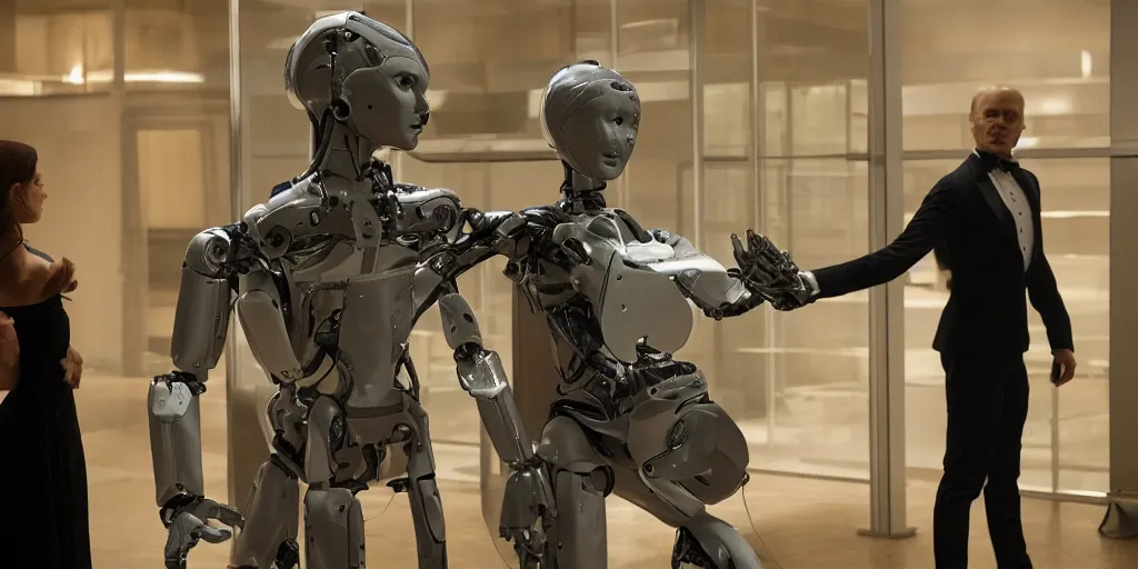 Prompt: the humanoid robot dances in the american tv series westworld