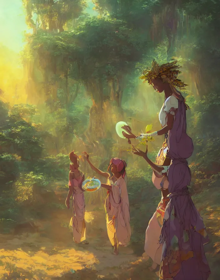 Prompt: african princess giving an offering to a heavenly being, environment concept art, ethereal anime, high detail impressionist style, dreamy light color palette, style of studio ghibli and moebius, concept art stunning atmosphere, trending on artstation, volumetric light