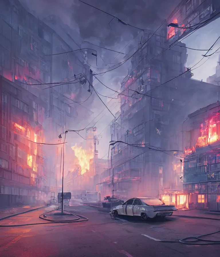 Image similar to a beautiful hyperrealistic detailed 3D render of a burning hospital with a neon sign, by Anton Otto Fischer, Atey Ghailan, genzoman, unreal engine, octane render, gigantic, 3D, brilliantly coloured, intricate, ultra wide angle, trending on artstation, embers, smoke, dust, dusk, volumetric lighting, HDR, polished, micro details, ray tracing, 8k