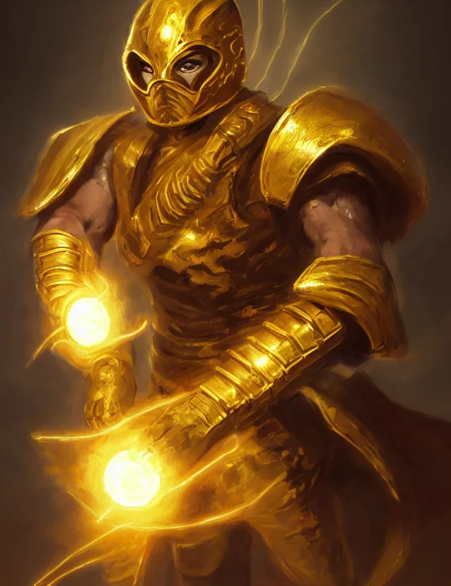 Image similar to a masked warrior in golden armour with a glowing golden gauntlet, surrounded by crackling golden lightning and energy, by frank fazetta and peter mohrbacher, trending on artstation, digital art, 4 k resolution, detailed, high quality, sharp focus, hq artwork, coherent, insane detail, concept art, character concept, character full body portrait