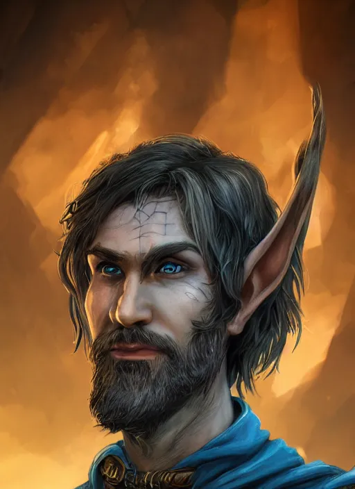 Prompt: A fantasy comic book style portrait painting of sad half elf ranger, shaggy brown hair, scruffy beard, scar on face, blue tunic, unreal 5, DAZ, hyperrealistic, octane render, cosplay, RPG portrait, dynamic lighting